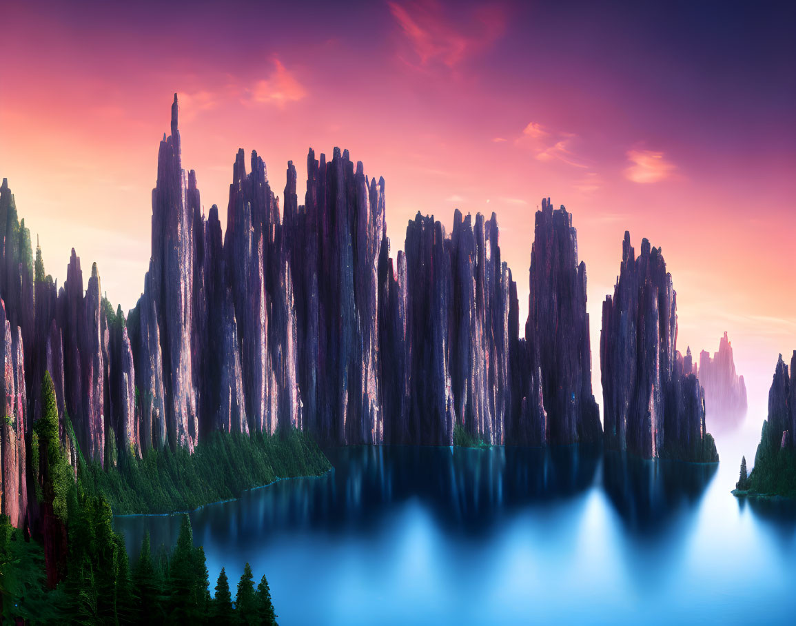 Surreal landscape with jagged rock formations and misty lake at twilight