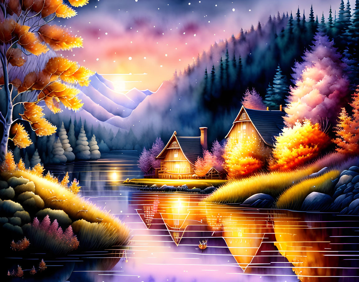 Mountain Lake Cabins at Dusk with Reflective Water and Autumn Trees