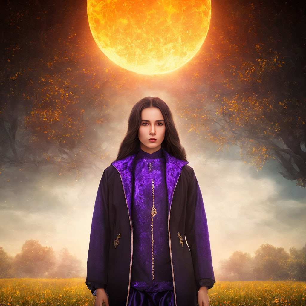 Woman in Purple Cloak in Surreal Landscape with Giant Sun and Bare Trees