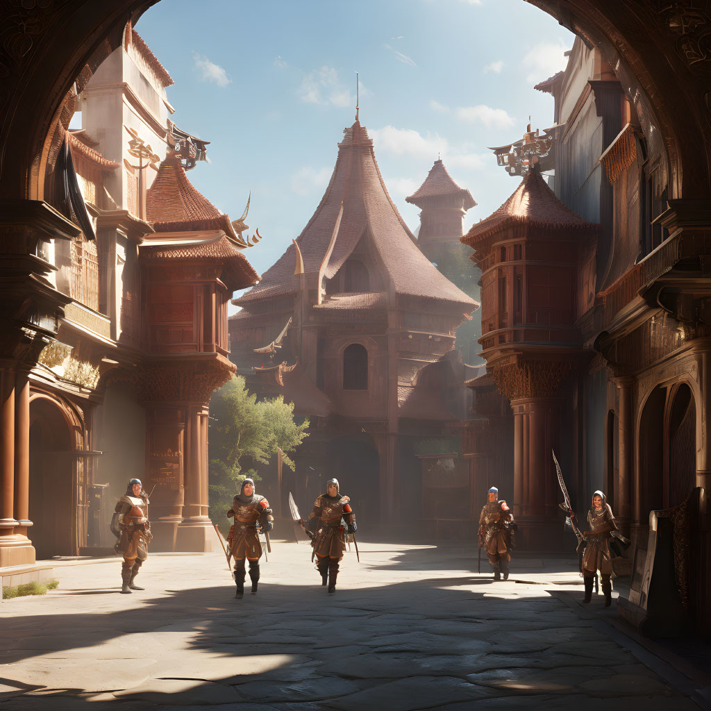Armored soldiers patrol ancient sunlit street with ornate buildings