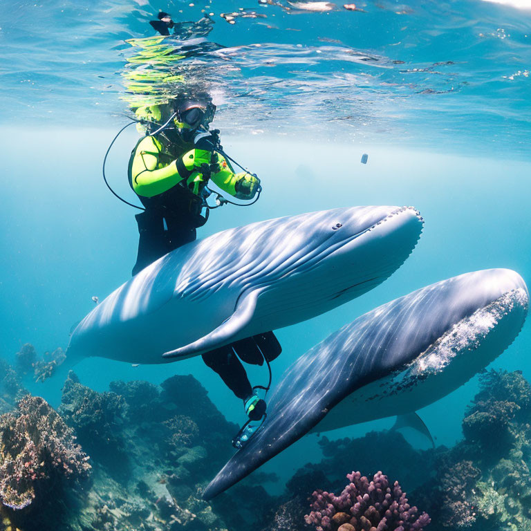 Underwater scene: Scuba diver with realistic whale sculptures in clear blue ocean