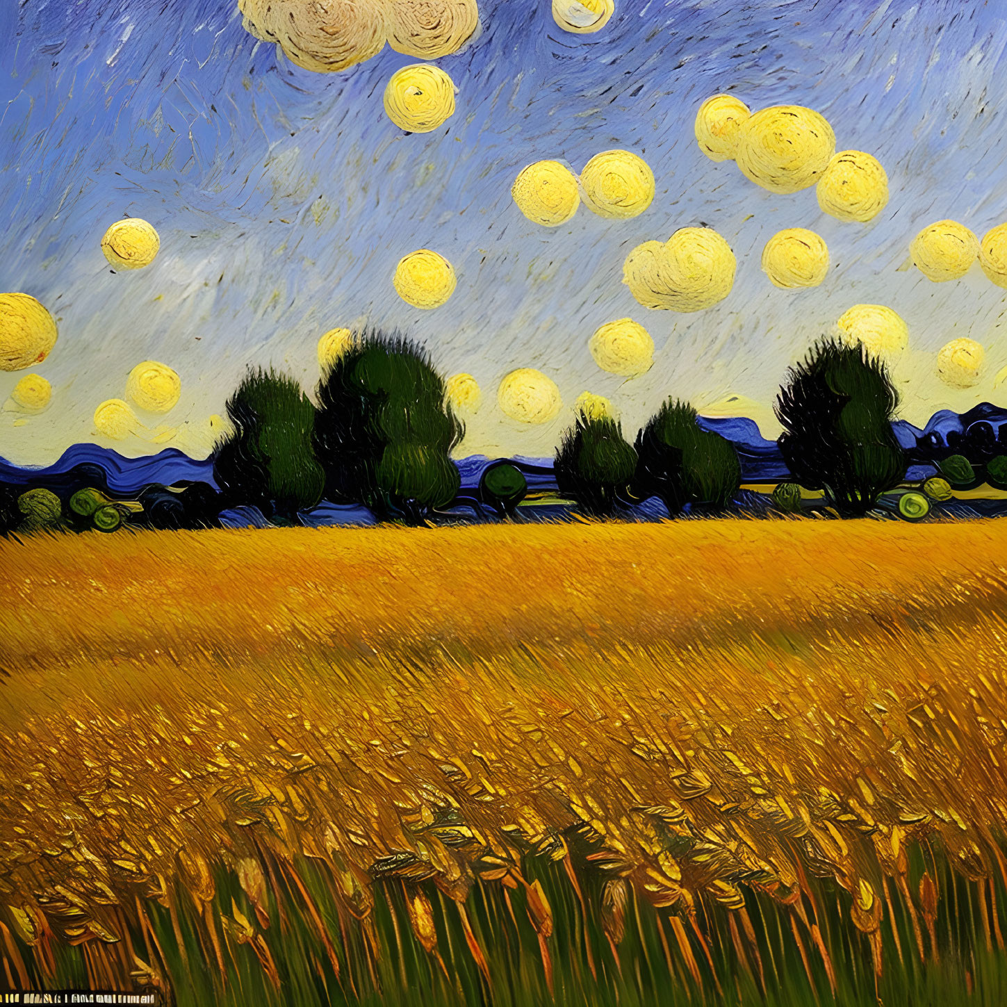 Colorful Starry Sky Painting with Yellow Orbs, Wheat Field, and Trees