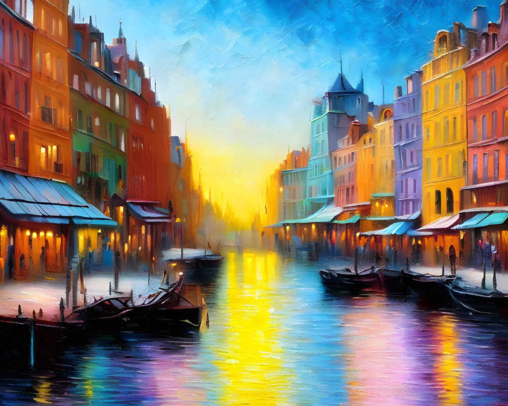 Colorful Cityscape Painting: Buildings, Canal, Sunset Reflections