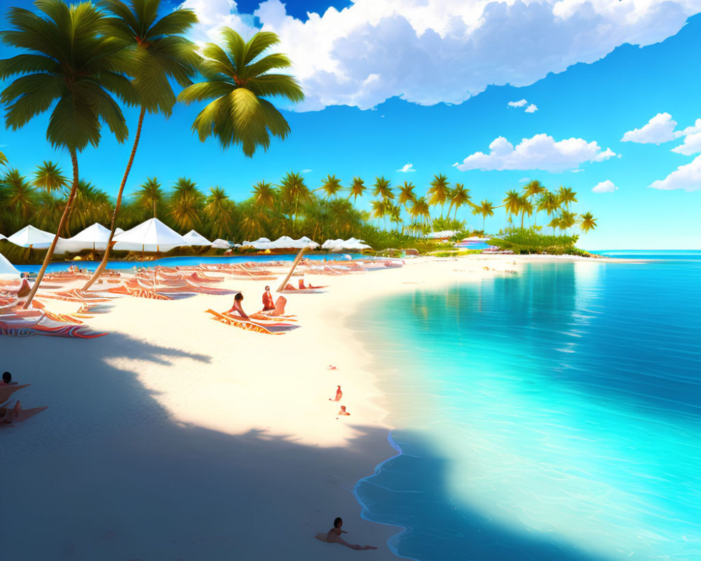 Tranquil tropical beach scene with sunbathers and palm trees