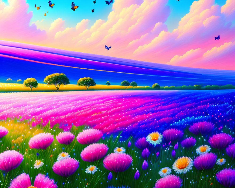 Colorful Flower Fields Under Pink Clouds and Butterflies: A Vibrant Landscape