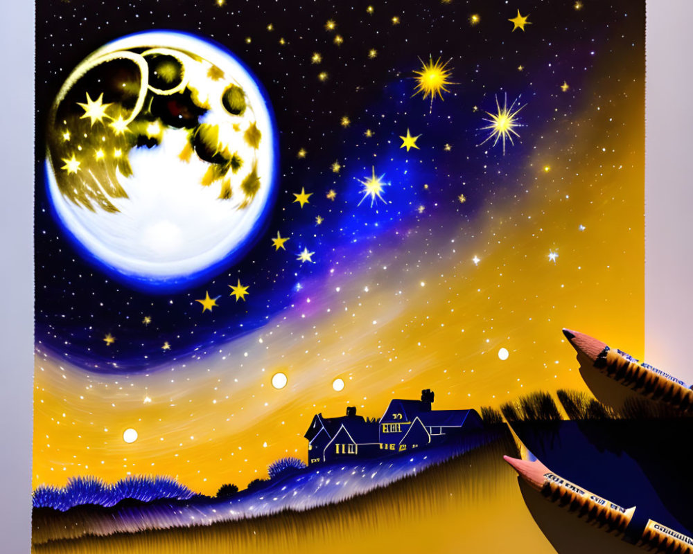 Detailed Moon Over Silhouetted House in Night Sky Illustration with Pencils mimicking Drawing