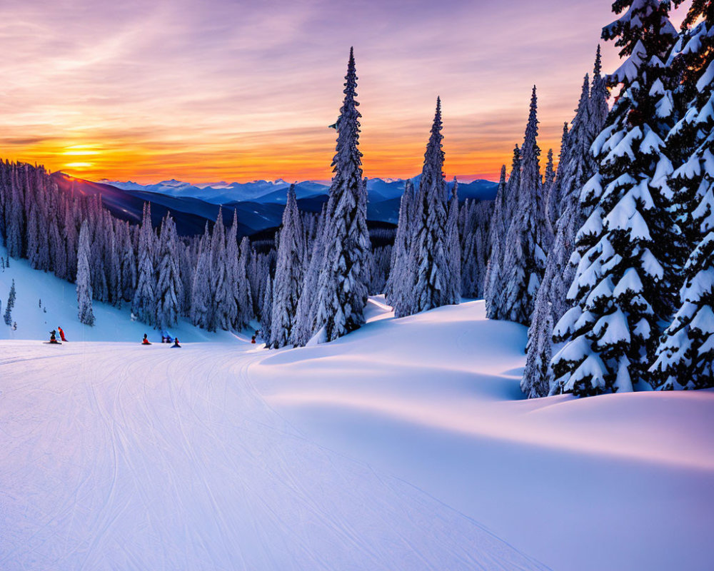 Serene Winter Sunset with Vibrant Sky Over Snow-Covered Landscape