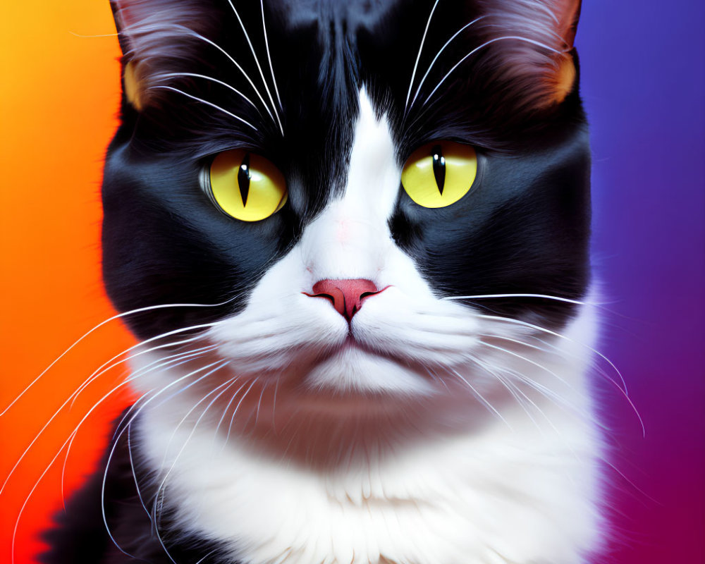 Black and White Cat with Yellow Eyes on Orange and Purple Background