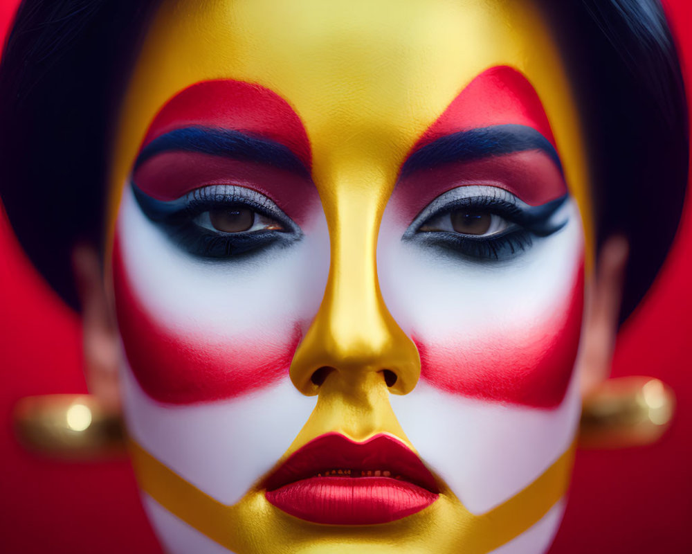 Colorful Geometric Makeup Portrait on Red Background