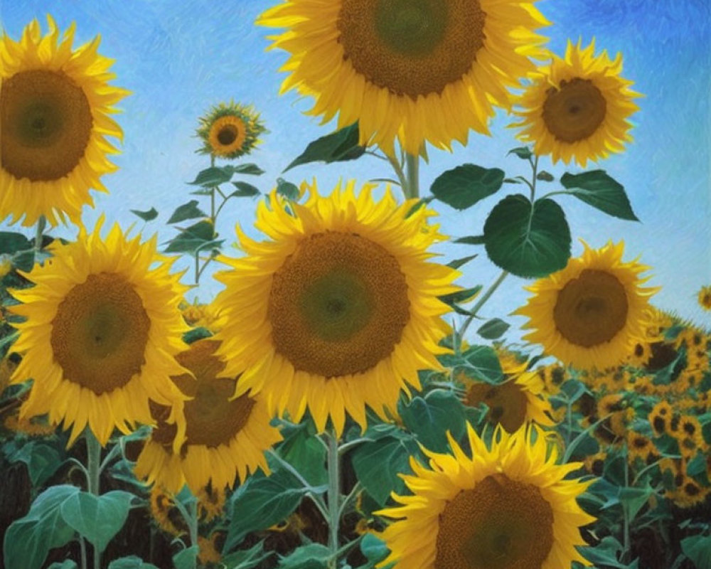 Sunflower Field Painting with Bright Sun and Blue Sky