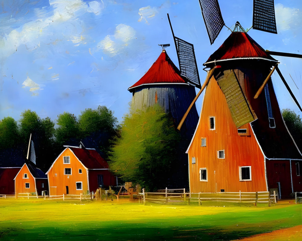 Scenic painting of traditional windmills and red-roofed buildings