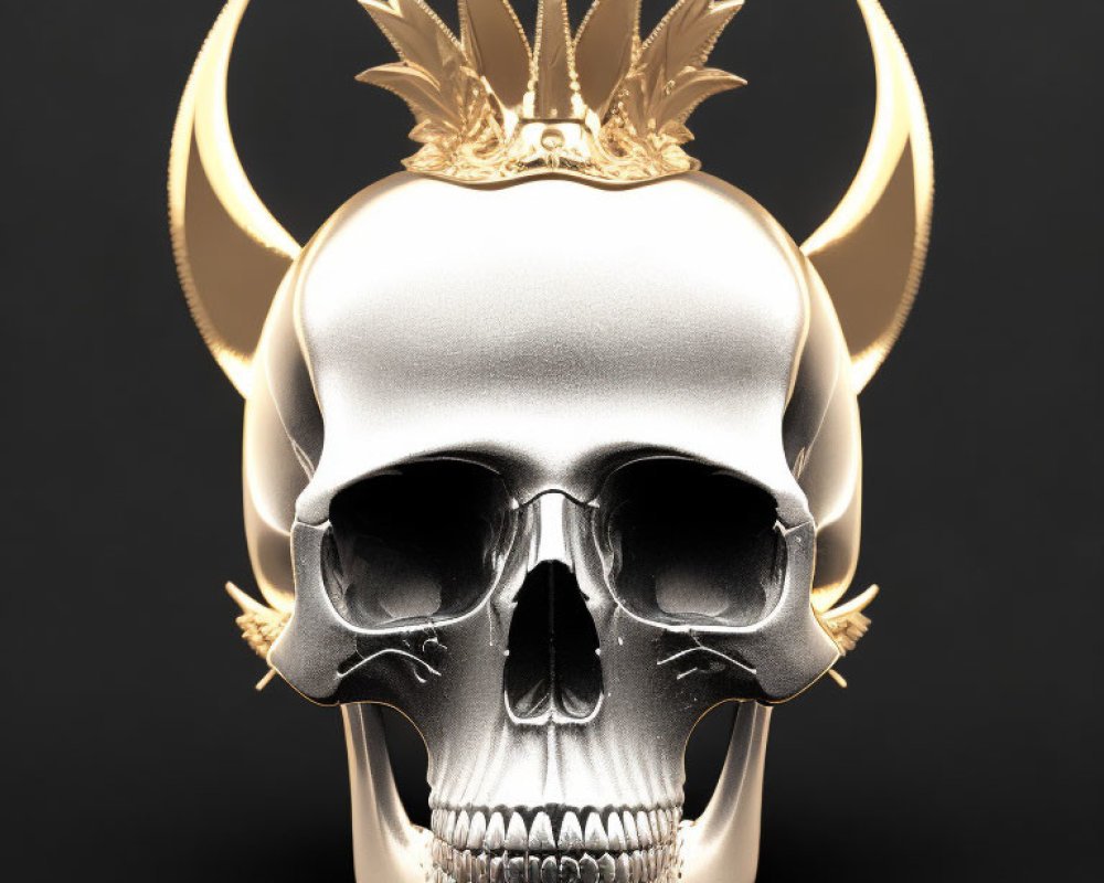 Silver Skull with Gold Horns and Crown on Black Background