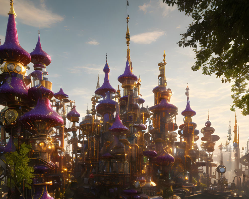 Ornate Purple-Roofed Fantasy City by Tranquil Water Canal