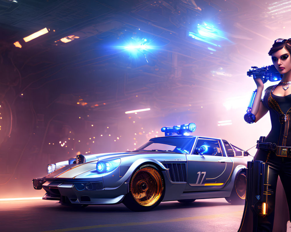 Futuristic woman in combat outfit with gun by neon-lit police car