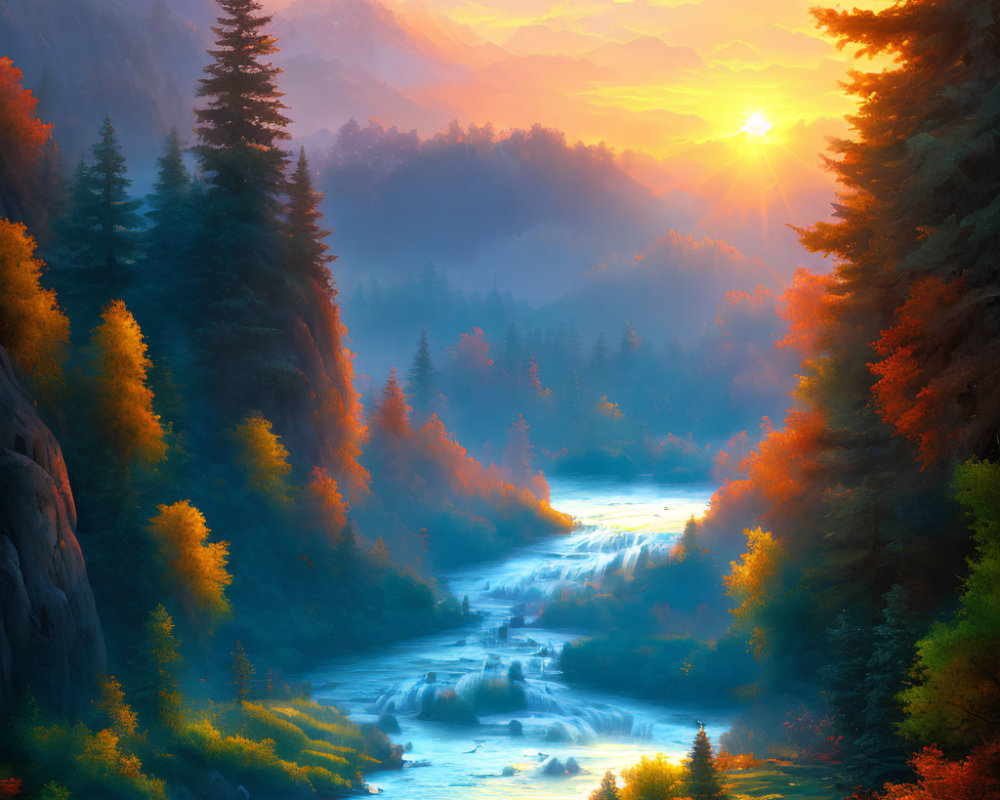 Scenic sunrise over vibrant autumn forest, river, and misty mountains