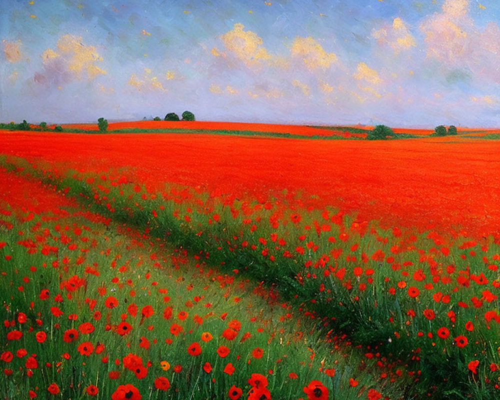 Colorful painting of red poppies in a field under a blue sky with clouds and a tiny moon