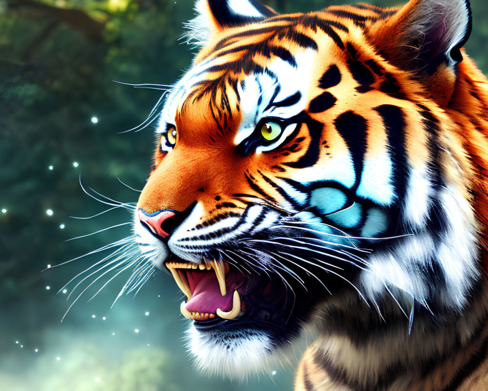 Detailed digital tiger head illustration in mystical forest setting