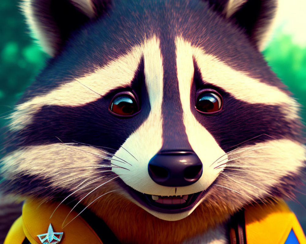 Animated raccoon character in orange spacesuit with expressive eyes on green background