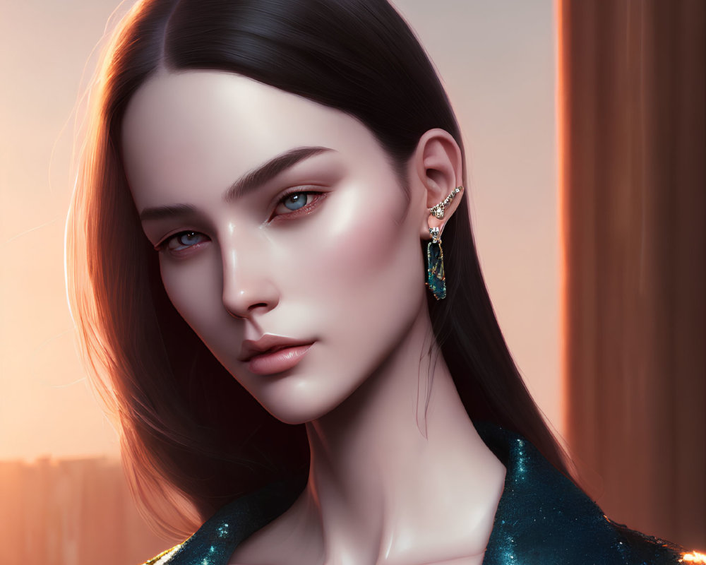 Digital portrait of a woman with smooth skin and dark hair wearing a shimmering blue earring