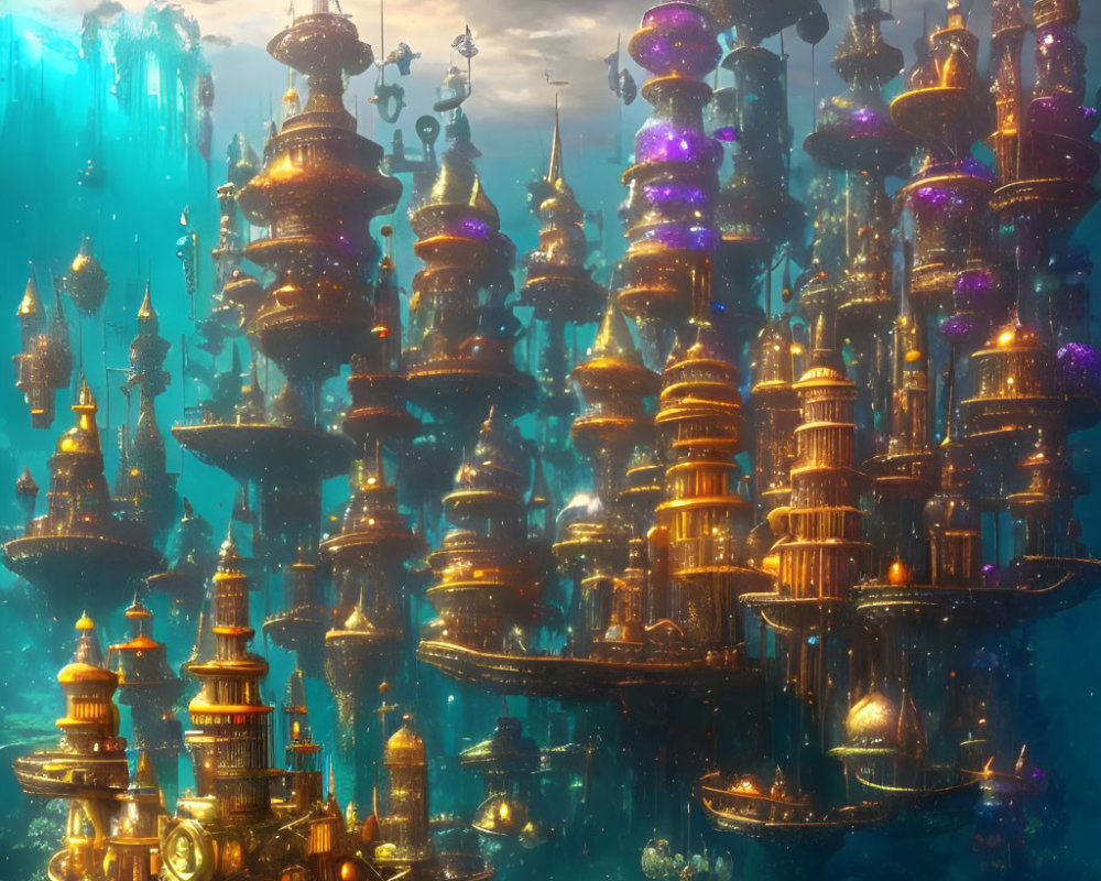 Golden and Purple Lit Underwater City with Marine Life Surroundings