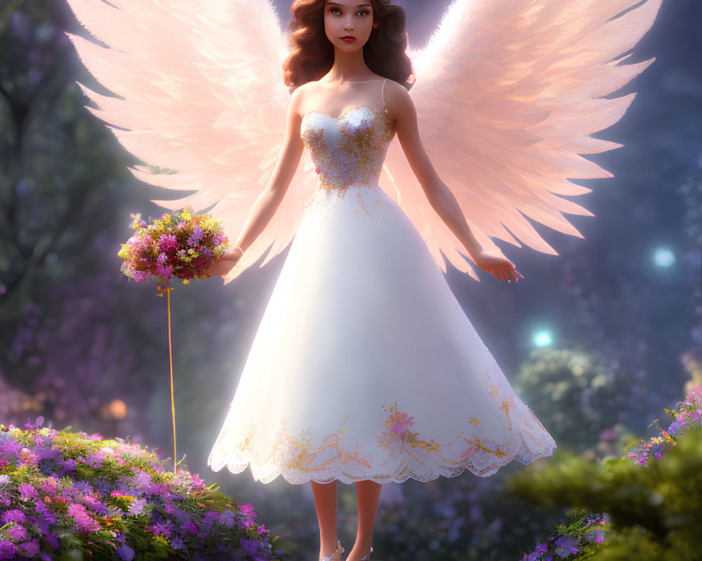 Ethereal figure with luminous wings in elegant white dress among blooming flowers