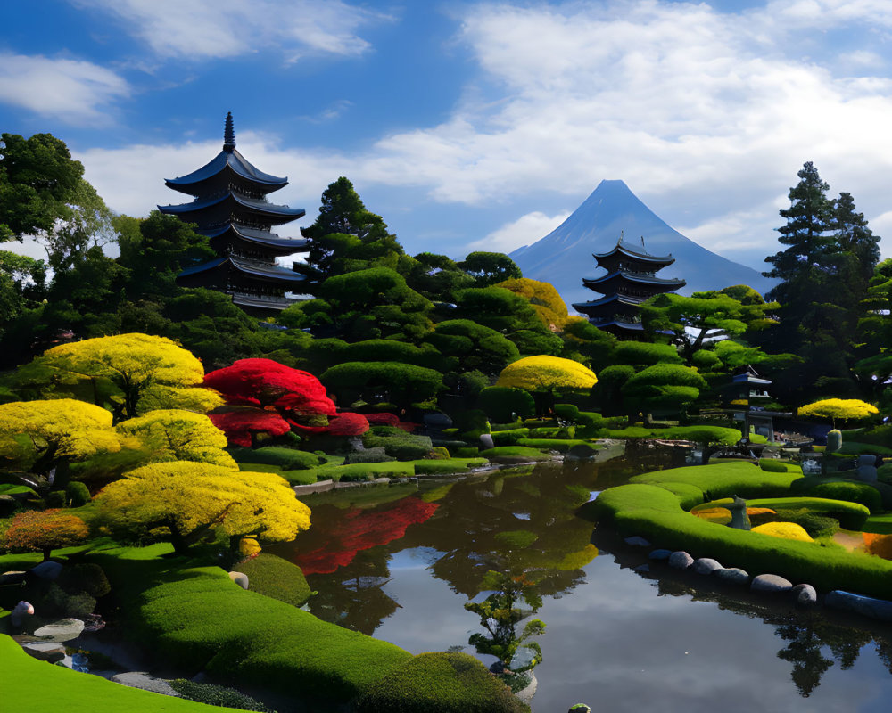 Japanese garden with trimmed bushes, pond, pagoda, and Mount Fuji.