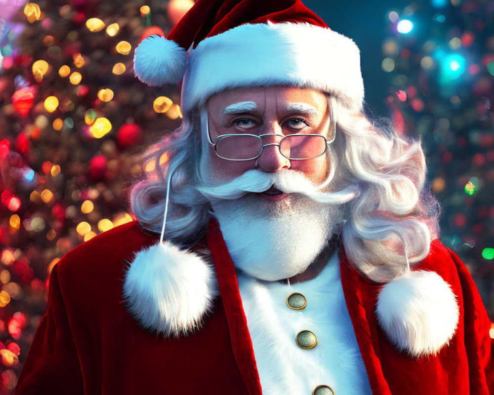 Santa Claus Costume with Red Hat, Coat & White Beard Against Colorful Christmas Tree Background