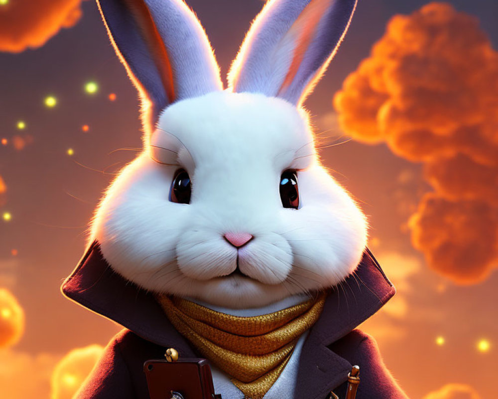 White Rabbit in Military Jacket at Sunset Sky