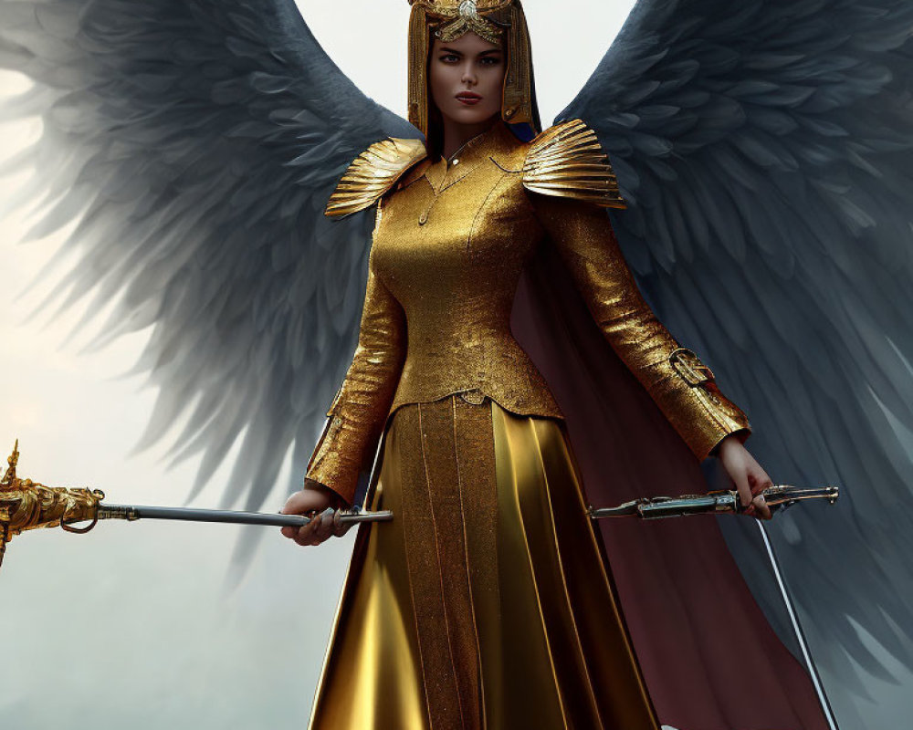 Regal figure in golden armor with angelic wings and sword against misty backdrop