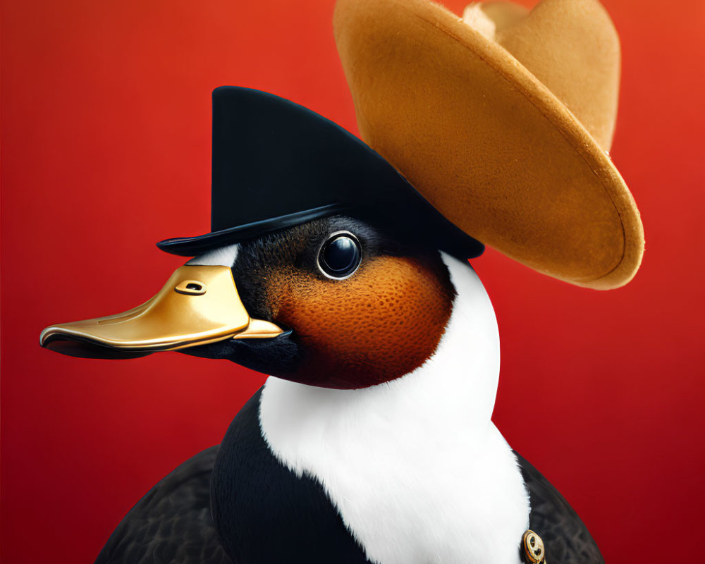 Duck with Human-like Face in Black Hat and Monocle on Red Background