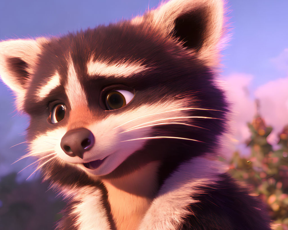 Detailed 3D animated raccoon with expressive eyes in twilight forest