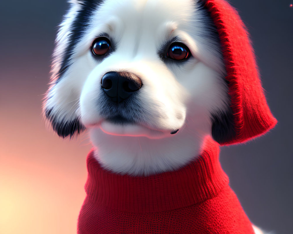 Stylized black and white dog in red beanie and sweater on soft background