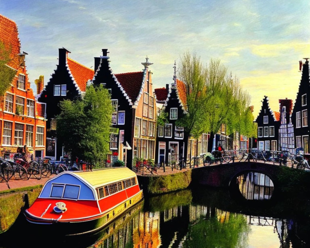 Scenic Dutch canal with traditional houses, boat, and bicycles