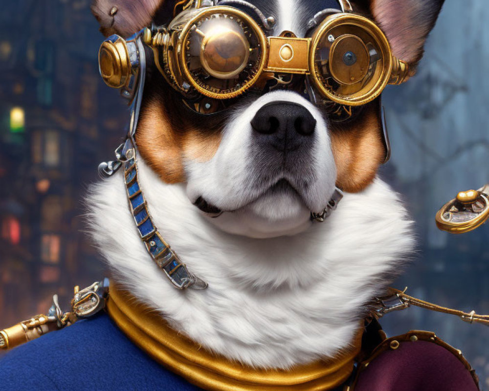 Steampunk-themed dog in blue jacket with gold accents