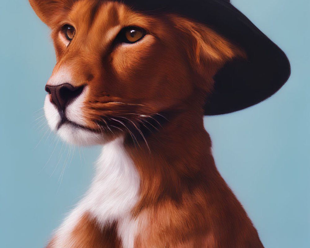 Stylized fox with human-like features in black hat on teal background