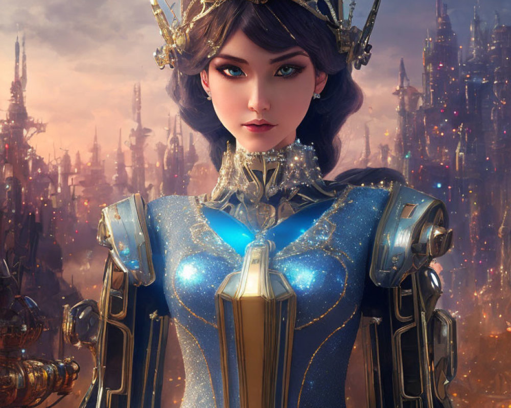 Futuristic female character in blue armor with crown and necklace amid sci-fi backdrop