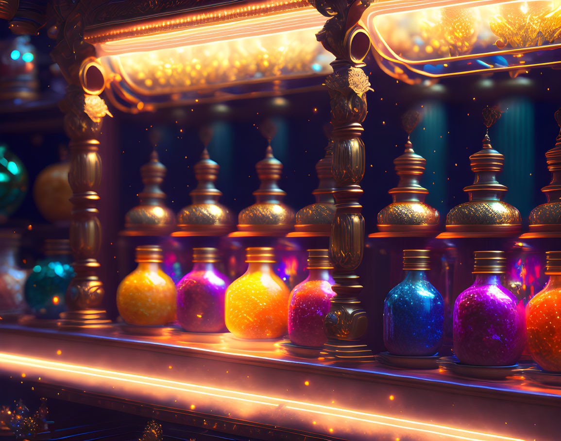 Glowing potion bottles on shelves with golden embellishments in magical scene