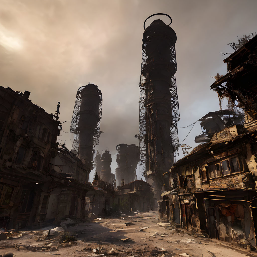 Desolate post-apocalyptic cityscape with towering, dilapidated structures