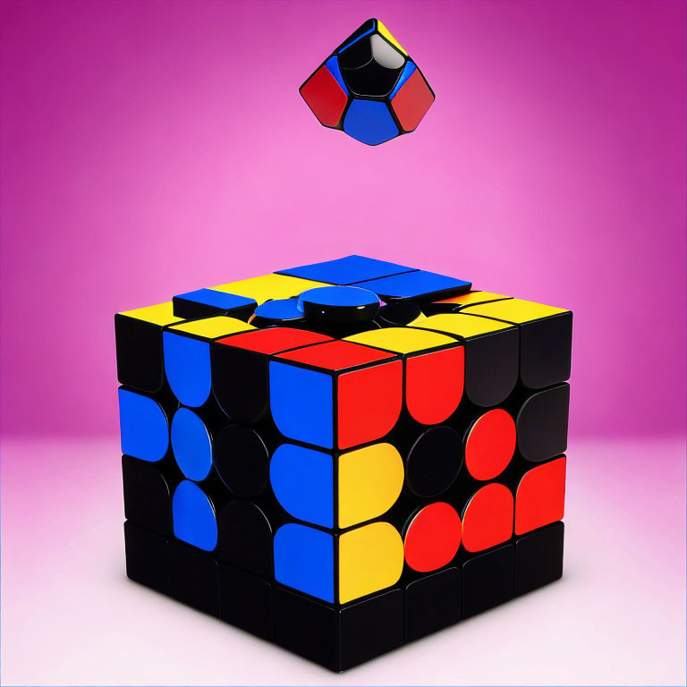 Solved Rubik's Cube with floating unsolved cube on pink background