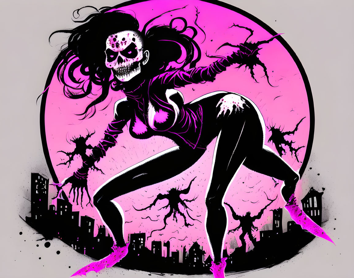 Skull-faced figure in dramatic pose with moon, bats, and city silhouettes