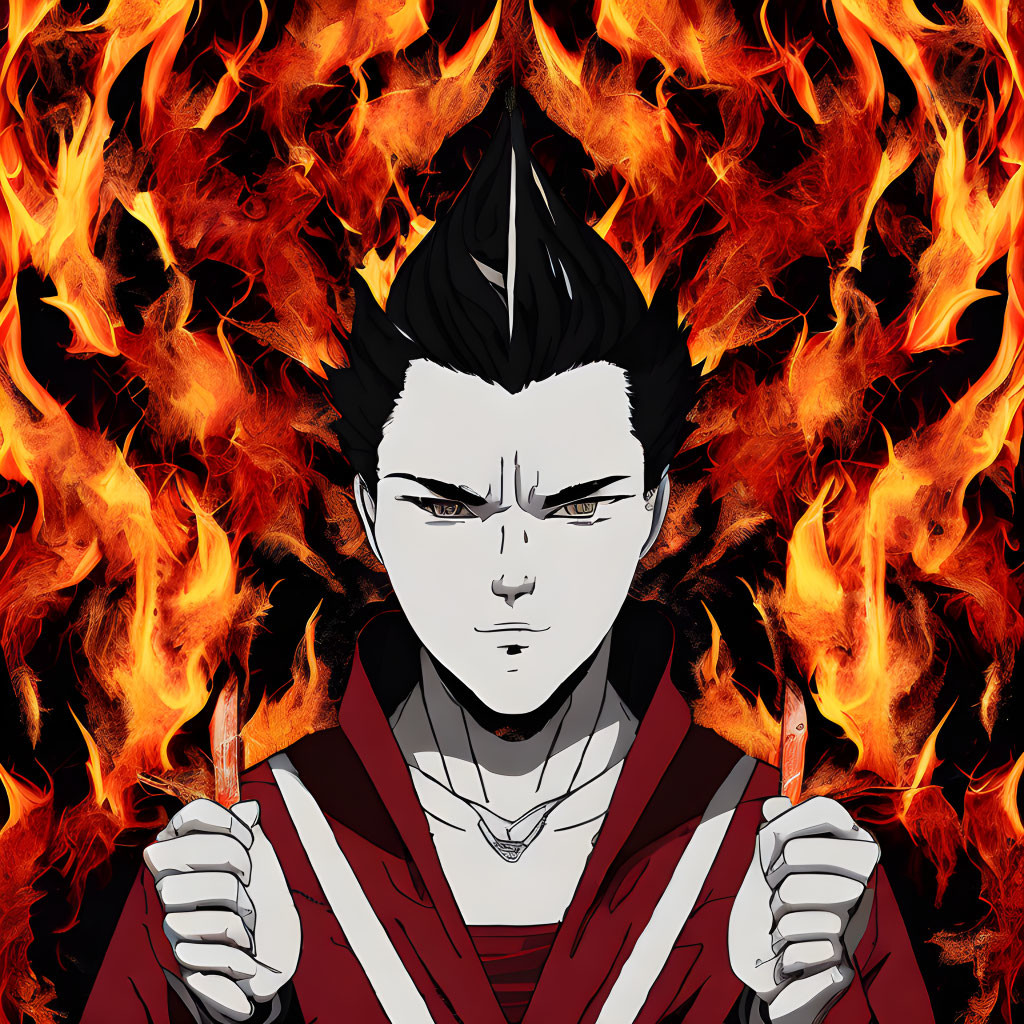 Anime-style character with dark spiky hair holding red blades in fiery backdrop