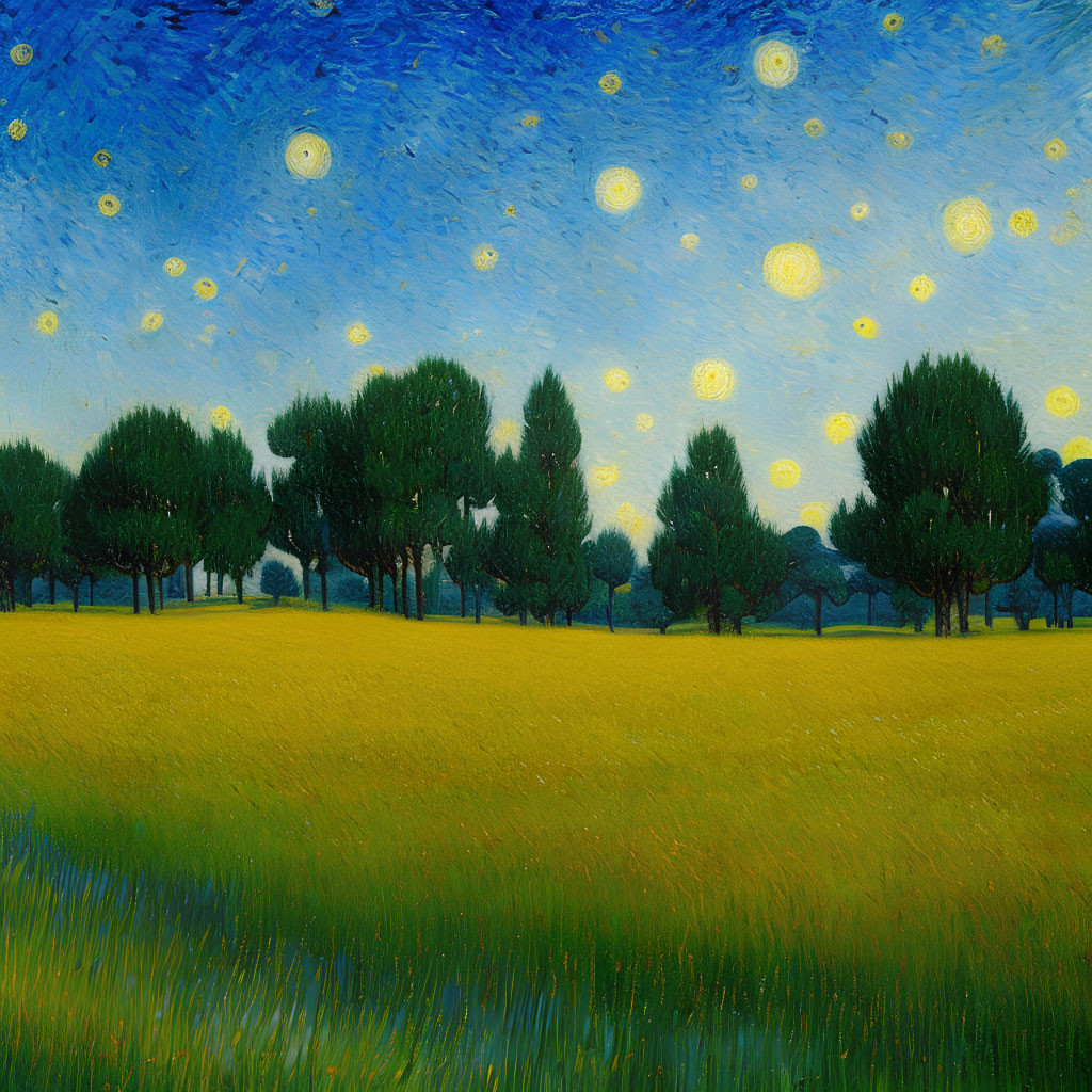 Colorful painting of blue sky, yellow stars, green trees, and golden field