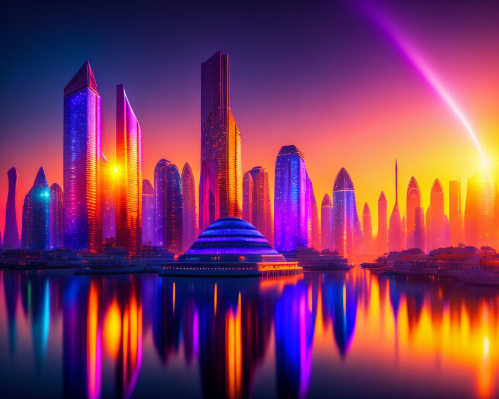 Colorful sunset cityscape with futuristic skyscrapers and sunbeam reflections.