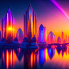 Colorful sunset cityscape with futuristic skyscrapers and sunbeam reflections.