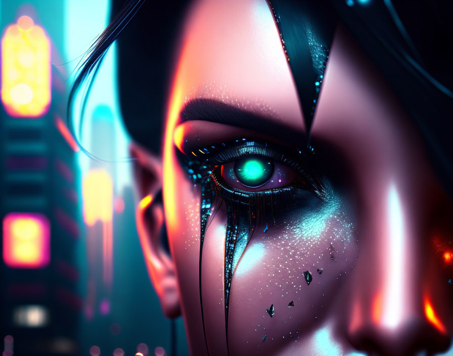 Stylized female character with futuristic makeup under neon lights