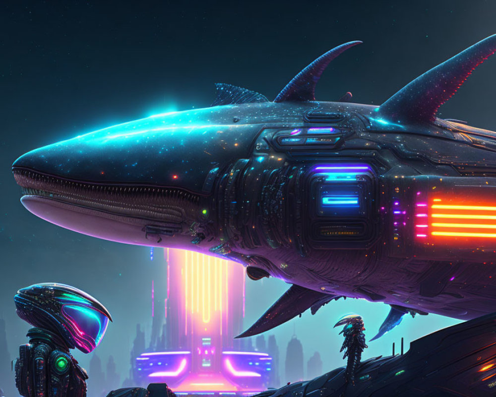 Futuristic whale-shaped spaceship over neon-lit sci-fi cityscape