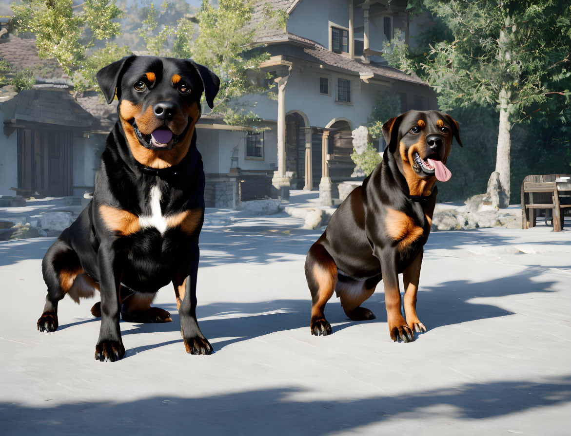 Two Rottweilers sitting in front of a house with one panting and the other looking at