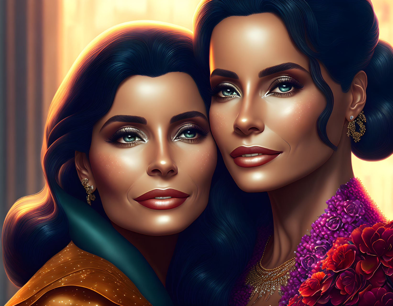 Illustration of two women with dark hair and blue eyes in orange and purple outfits with gold and floral