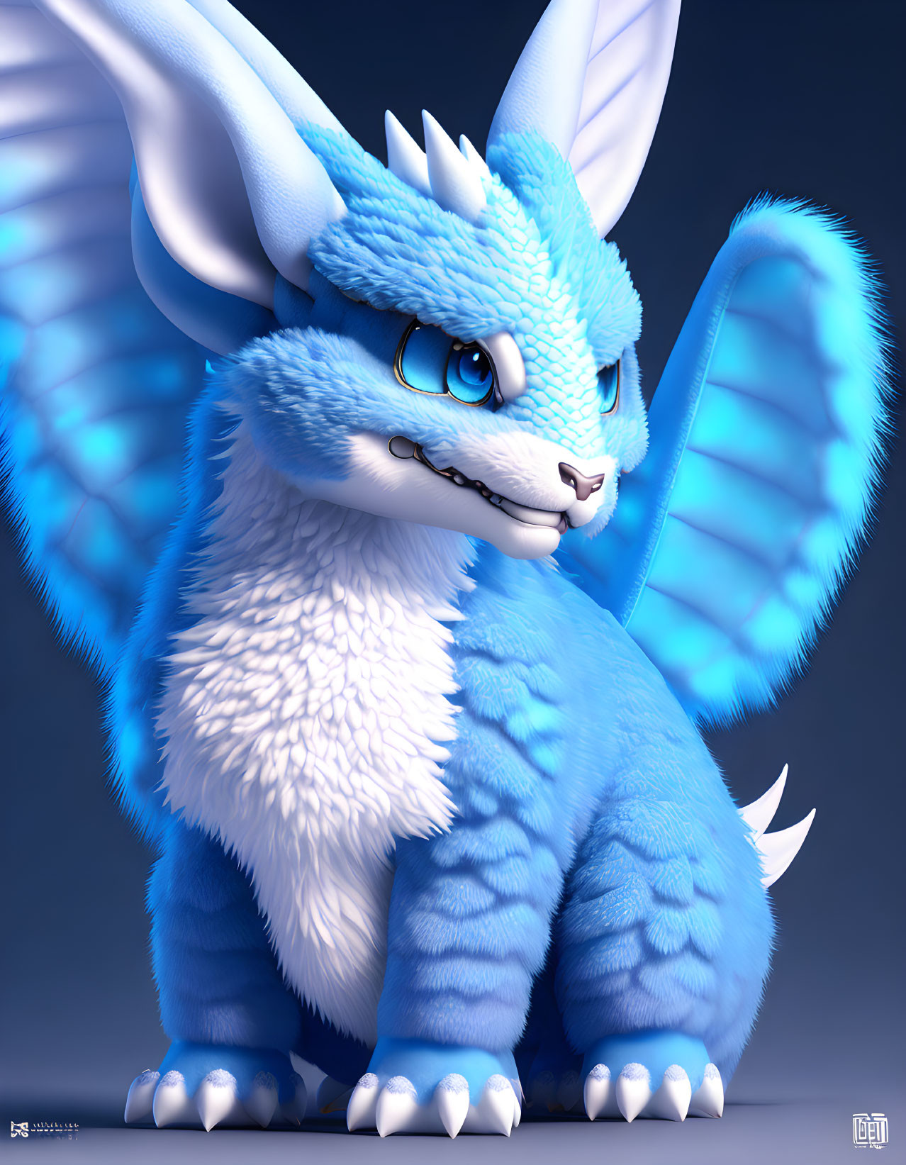 Blue furry dragon-like creature with large wings and friendly expression