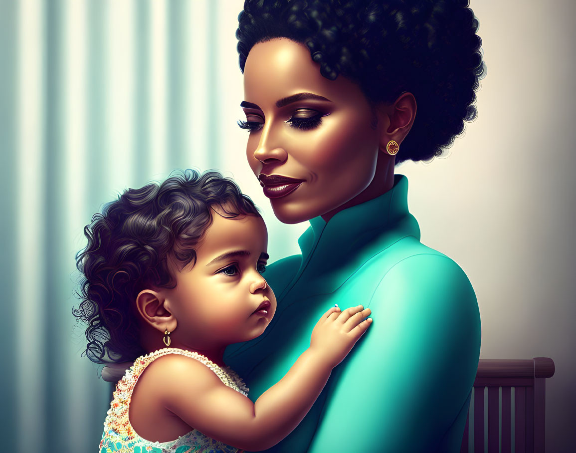 Digital illustration: Woman with updo embracing toddler in serene pose